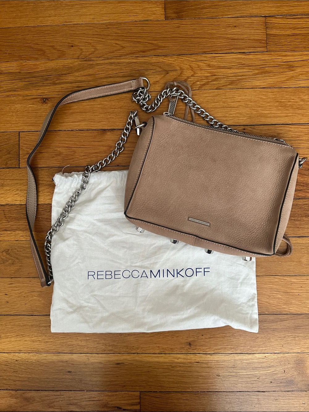 Rebecca Minkoff Taupe Leather Crossbody with Silver Chain Strap